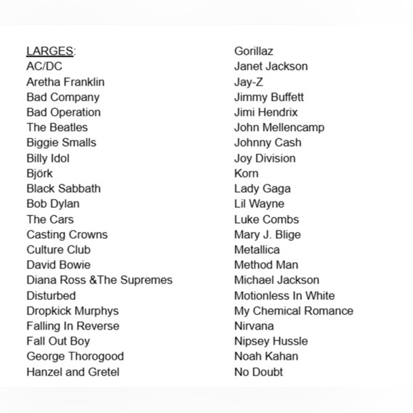 LARGE BAND TEES INVENTORY LIST - Picture 2 of 3